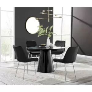 Image of Furniture Box Palma Black Semi Gloss Round Dining Table and 4 Black Pesaro Silver Leg Chairs