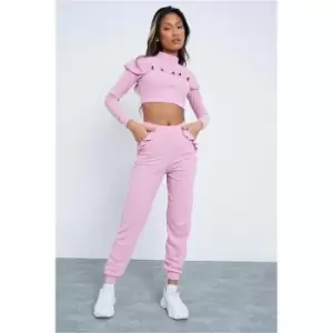 Image of I Saw It First Blush Pink Frill Long Sleeve Roll Neck Textured Sweat Jogger Set - Pink
