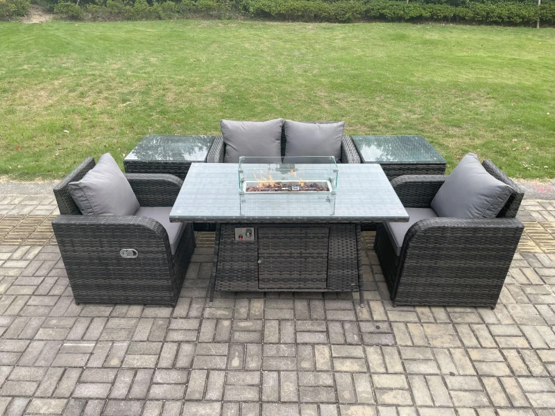 Image of Fimous Rattan Outdoor Garden Furniture Set Gas Fire Pit Dining Table with 2 Side Tables Chair Love seat Sofa Dark Grey