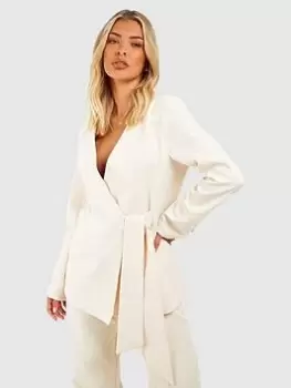Image of Boohoo Tie Waist Collarless Tailored Blazer - Ecru, Cream, Size 14, Women