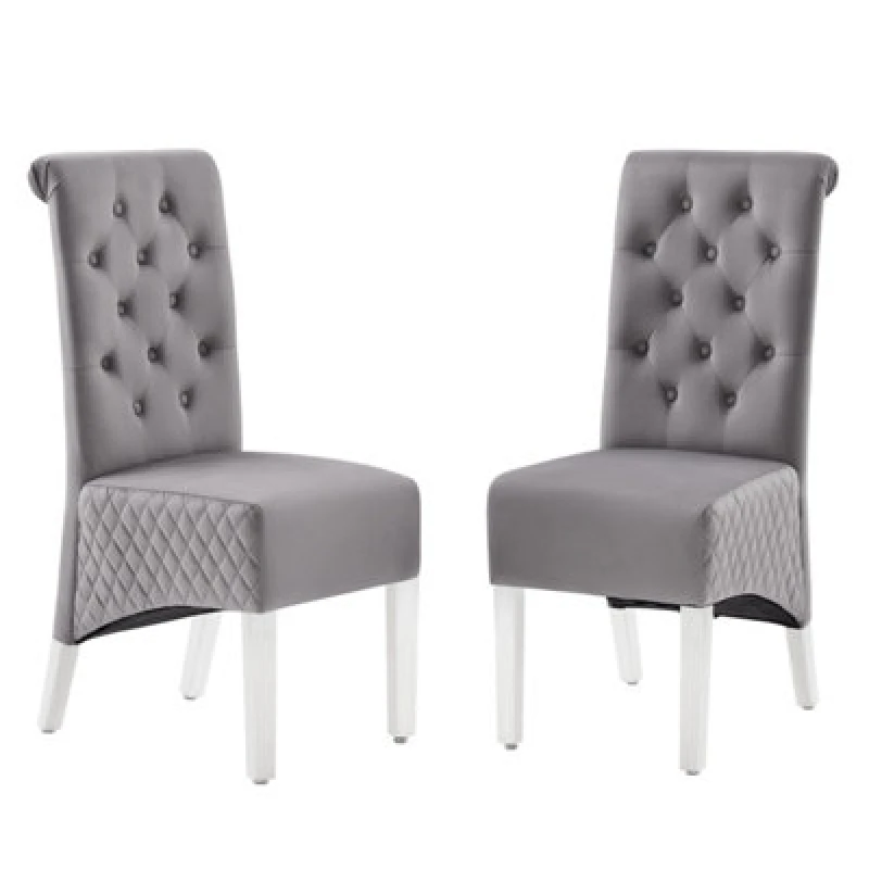 Image of Modernique Modernique A Pair (x2) Velvet Tufted High Back Dining Chairs with Chrome Legs in Grey Grey One Size Unisex 4673802625649