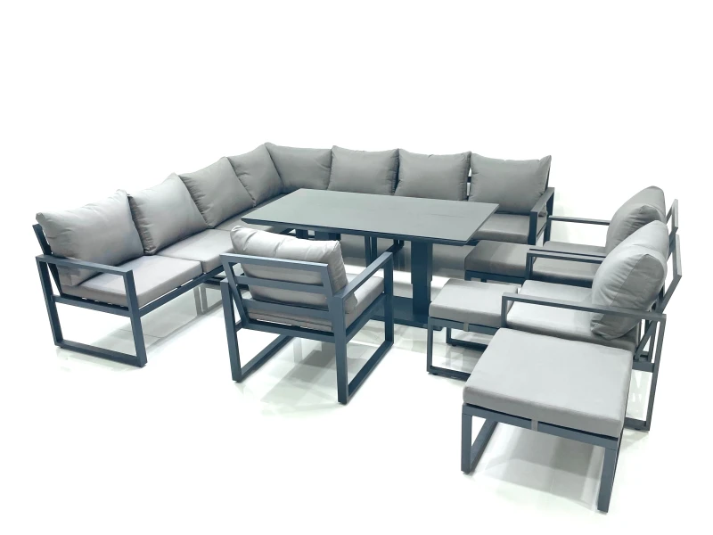 Image of Fimous 13 Seater Outdoor Aluminum Garden Furniture Set Corner Sofa 3 Chair 3 Footstools Adjustable Rising Lifting Dining Table Sets Dark Grey Dark Gre