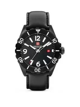Image of Swiss Military Black Genuine Leather Strap Buckle Watch With Black Dial
