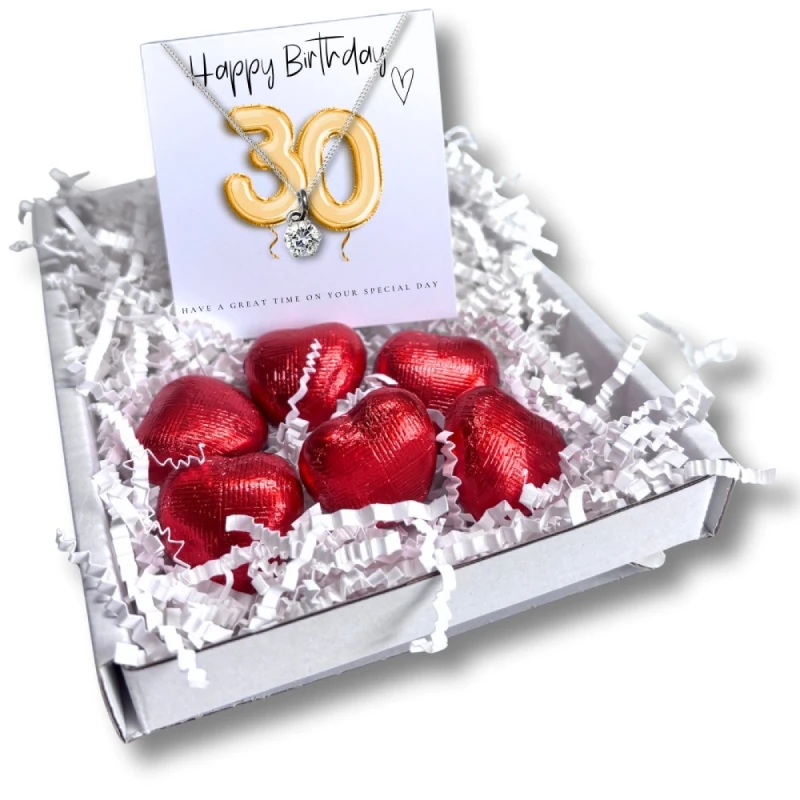 Image of Aye Do Gifts 30th Birthday Cubic Zirconia Silver Necklace & Gold Balloons Mini Gift Hamper