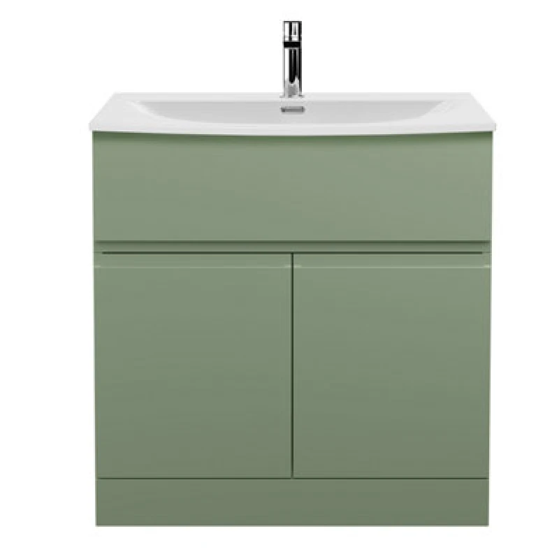 Image of Hudson Reed Urban Floor Standing 2 Door 1 Drawer Vanity Unit With Curved Basin, Durable Modern Vanity Unit In Satin Green, 800mm