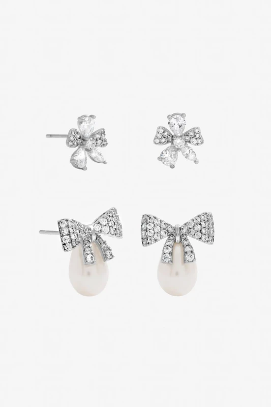 Image of Jon Richard Womens Rhodium Plated Pearl & Pave Bow Earrings - Pack of 2 in Silver Silver Female One Size
