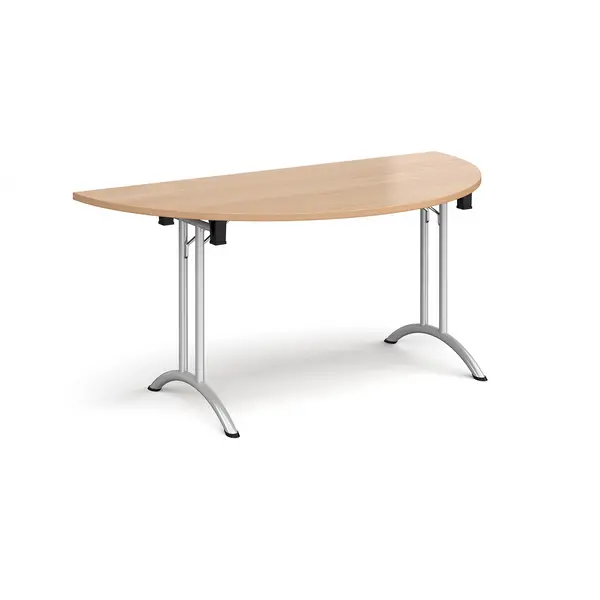 Image of Semi Circular Folding Meeting Table with Silver Curved Legs - 1600mm - Beech