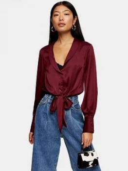 Image of Topshop Satin Knot Front Shirt - Burgundy, Size 8, Women