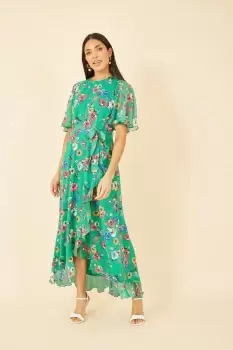 Image of Green Floral And Bird Print Frill Dress