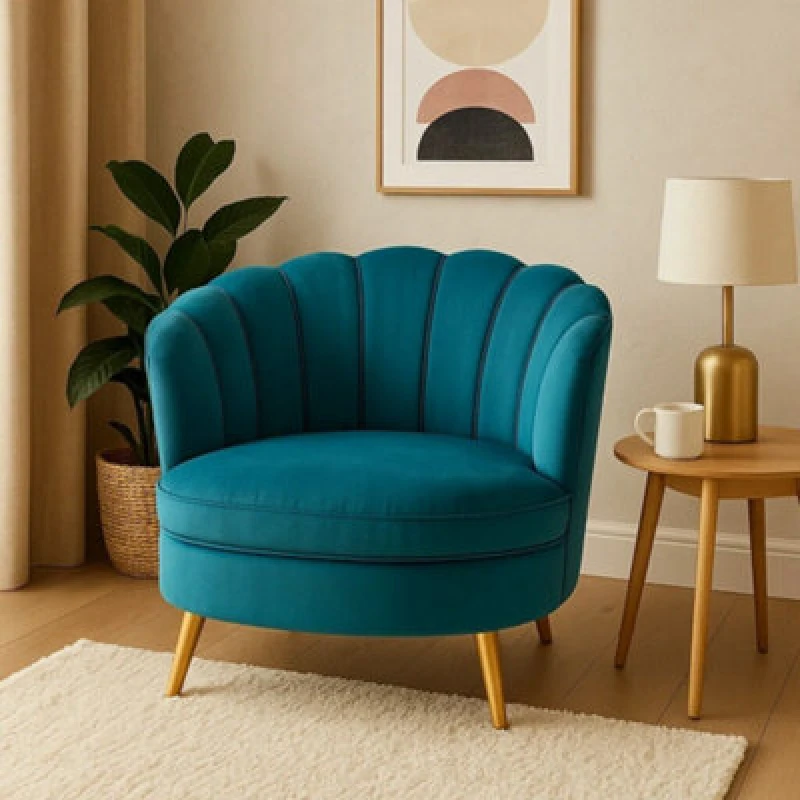 Image of Orsina Blue Velvet Scalloped Armchair, Supportive Armrest Lounge Chair, Easy To Clean Velvet Accent Chair