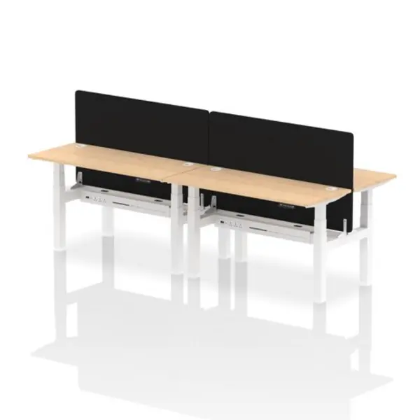 Image of Air Air Back-to-Back 1400 x 600mm Height Adjustable 4 Person Bench Desk Maple Top with Cable Ports White Frame with Black Straight Screen HASCP4P1460