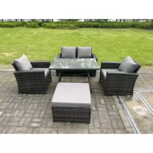 Image of Fimous 4 Seater Outdoor Dark Grey Rattan Lounge Complete Sofa Set with Regular Dining Table and Big Footstool