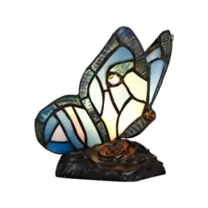 Image of Luminosa Lighting - Tiffany Butterfly Table Lamp, 1 x E14, Black Base With Blue, Pink Glass With Clear Crystal