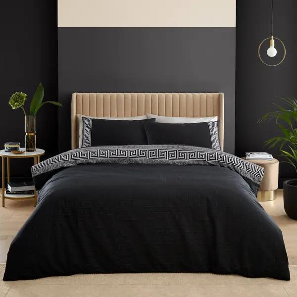 Image of Catherine Lansfield Artemis Greek Key Black Duvet Cover and Pillowcase Set Black