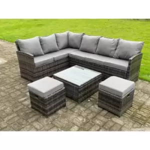 Image of Fimous 6 Seater Outdoor Dark Grey Mixed Rattan High Back Corner Sofa Set with Square Coffee Table and 2 Stools