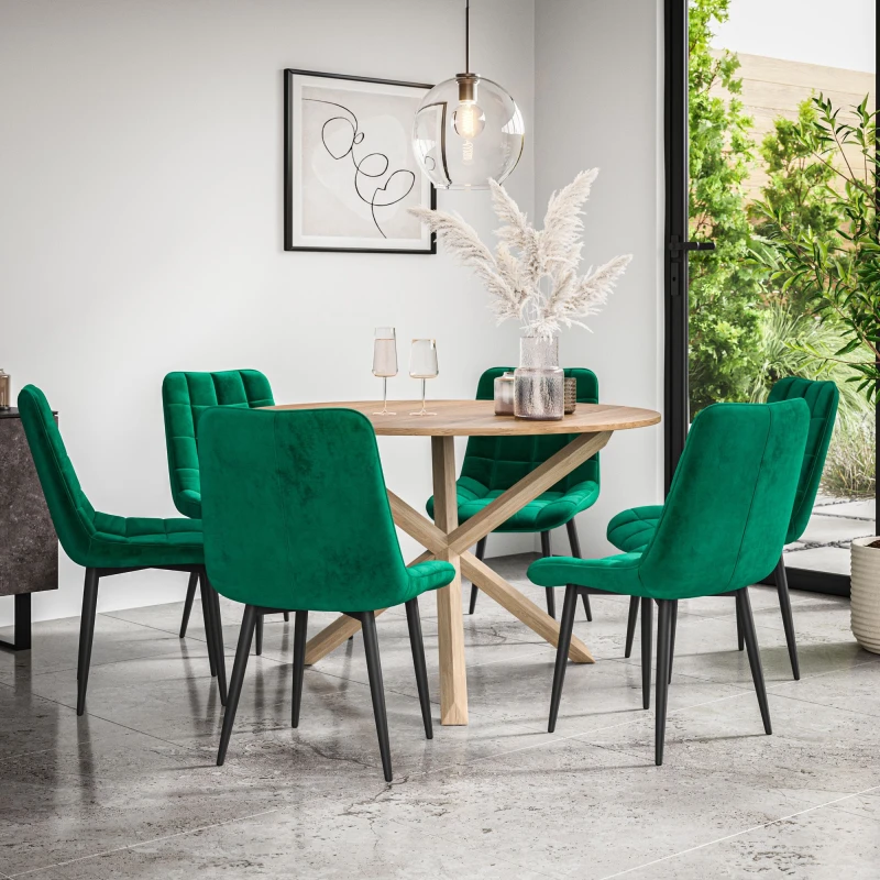 Image of More4Homes Malvern Round Dining Table And Chairs - Oak Table Top W Solid Oak Legs + Nova Velvet Dining Chair Set Of 6 (Green)