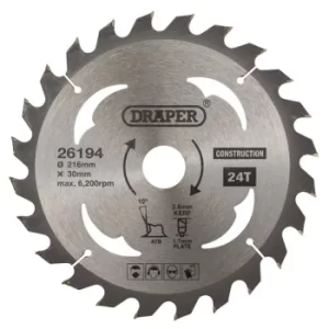 Image of Draper TCT Construction Circular Saw Blade, 216 x 30mm, 24T