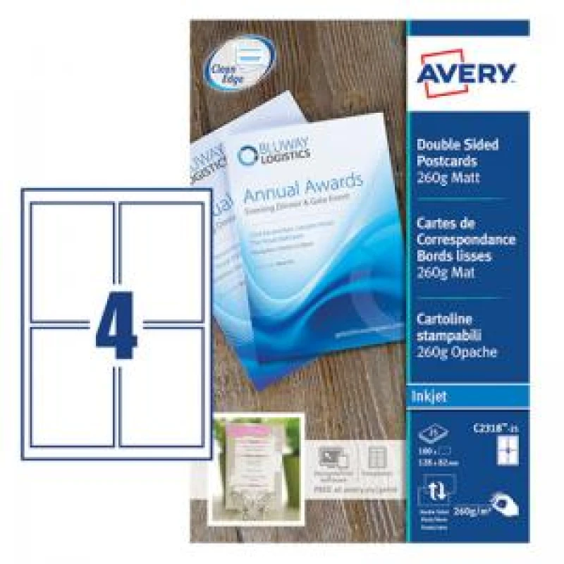 Image of Avery Printable Cards 128mm x 82mm Inkjet Prints on Both Sides 100 EXR42515AV