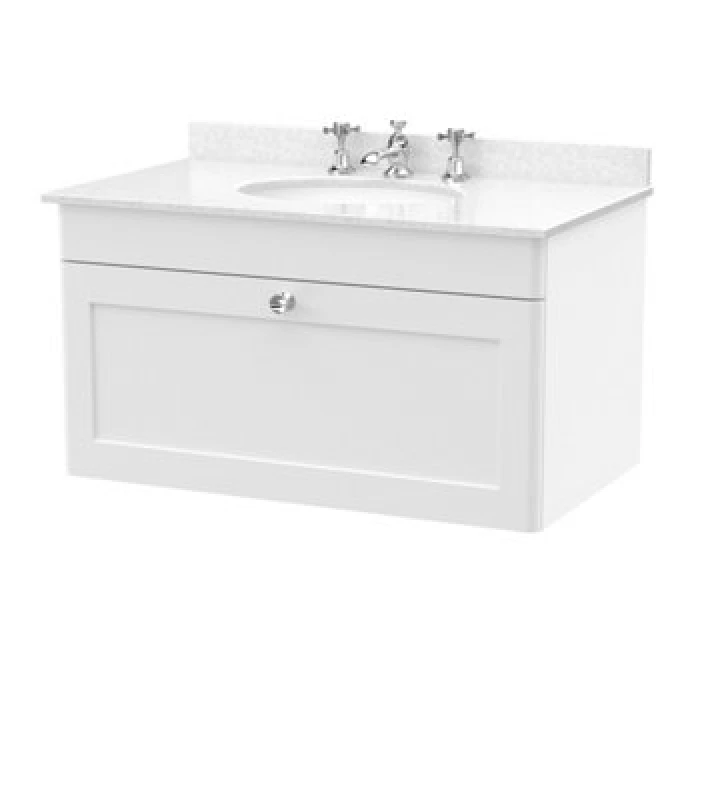 Image of nuie 800mm Wall Hung 1 Drawer Vanity & Marble Top 3TH - Satin White CLC196WR3