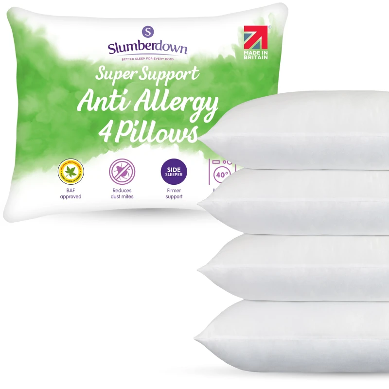 Image of Slumberdown 4 Pack Anti Allergy Super Support Side Sleeper Firm Pillows White unisex