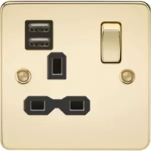 Image of Flat plate 13A 1G Switched Socket with dual USB charger (2.4A) - Polished Brass with Black Insert 230V IP20
