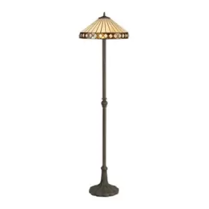 Image of 2 Light Leaf Design Floor Lamp E27 With 40cm Tiffany Shade, Amber, Crystal, Aged Antique Brass - Luminosa Lighting