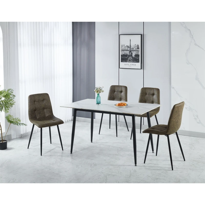 Image of Seconique Fenton Dining Set White Marble Stone Effect With 4 Olive Green Suede Chairs