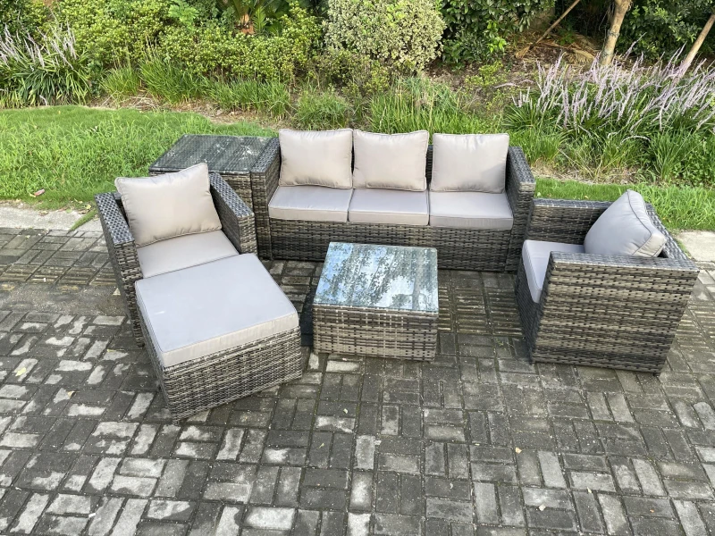 Image of Fimous 6 Seater Outdoor Lounge Sofa Set Wicker PE Rattan Garden Furniture Set with Armchair Squar Coffee Table Footstool Dark Grey