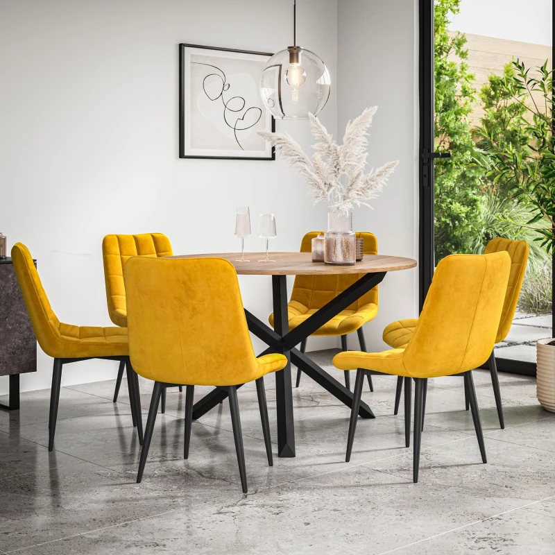Image of More4Homes Malvern Round Dining Table And Chairs - Oak Table Top W Solid Black Oak Legs + Nova Velvet Dining Chair Set Of 6 (Mustard)
