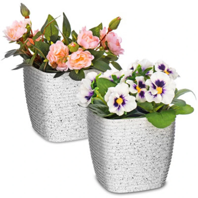Image of LIVIVO White Plastic Plant Pots with Stripe Design - 12cm White