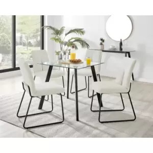 Image of Furniturebox Seattle Glass and Black Metal Leg Square Dining Modern Industrial Dining Table & 4 Cream Halle Fabric Chairs