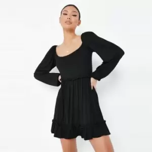 Image of Missguided Shirred Tired Ls Skater Dress Jersey - Black