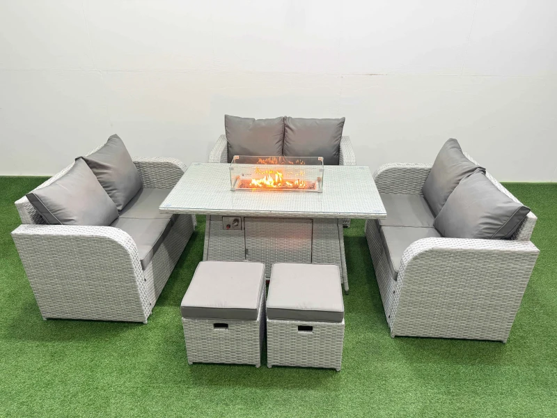 Image of Fimous 8 Seater PE Wicker Rattan Furniture Sofa Sets with Firepit Dining Table 2 Seater Love Sofa 2 Stool Light Grey Light Grey