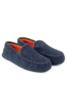 Image of Totes Isotoner Isotoner Isotoner Felt Moccasin Slippers with Contrast Lining & Sock - Navy, Size 9, Men