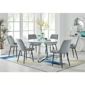Image of Santorini White Round Dining Table And 6 Grey Pesaro Black Leg Chairs - Elephant Grey
