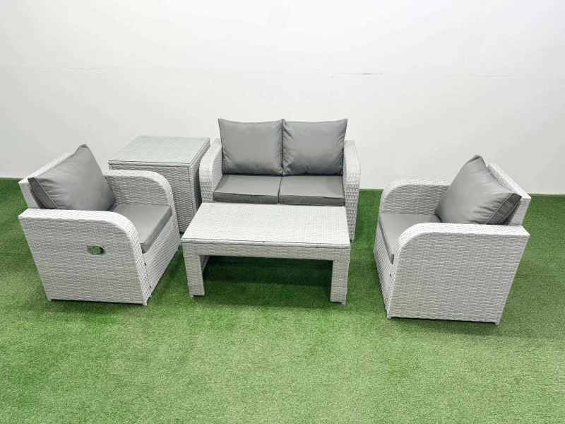 Image of Fimous Light Grey PE Wicker Rattan Garden Furniture Set Sofa Set Reclining Adjustable Chair Oblong Coffee Table 4 Seater With Side Table Light Grey