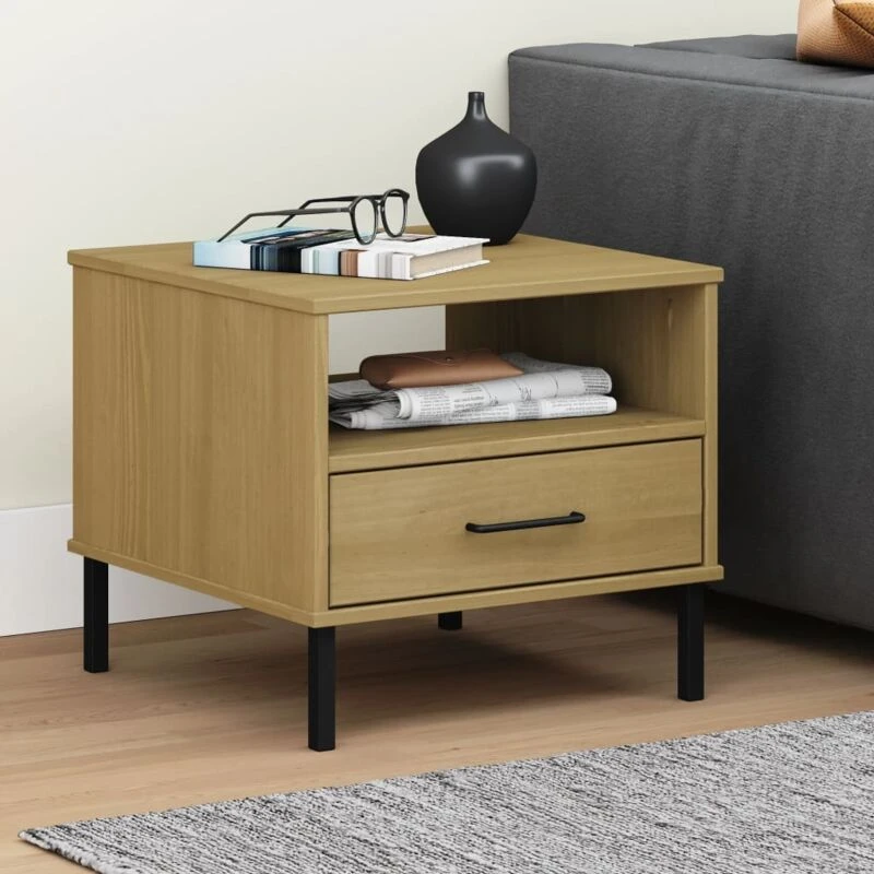 Image of Vidaxl Bedside Table With Metal Legs Brown Solid Wood Pine Oslo, Brown 351030