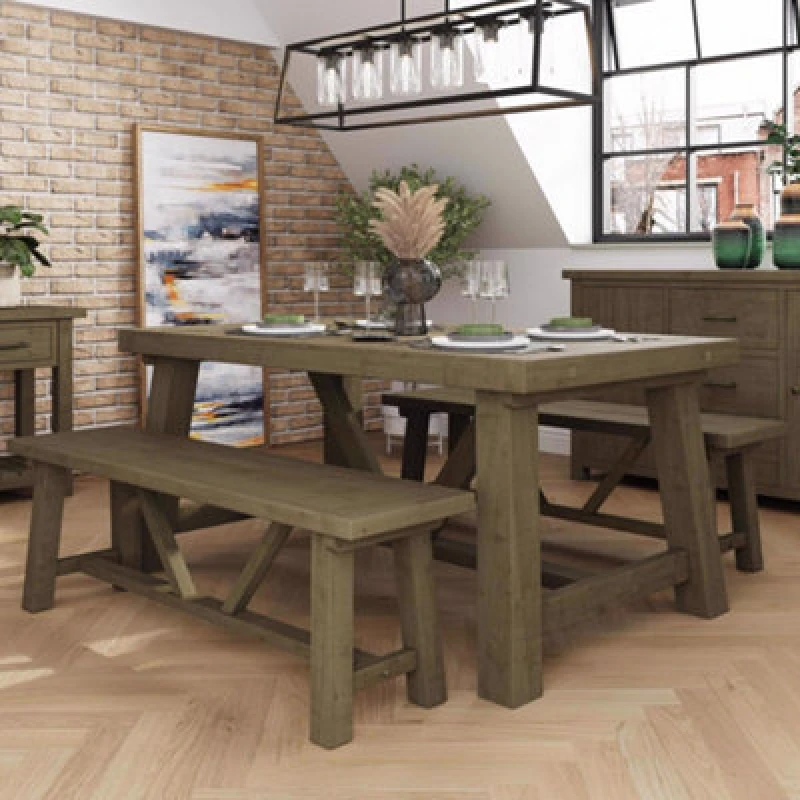 Image of FW Style Saltash Dining Set 1.6M Table + 2X 140Cm Benches + 1 Extension Leaf - Solid Reclaimed Natural Pine, Brown SALSET-A