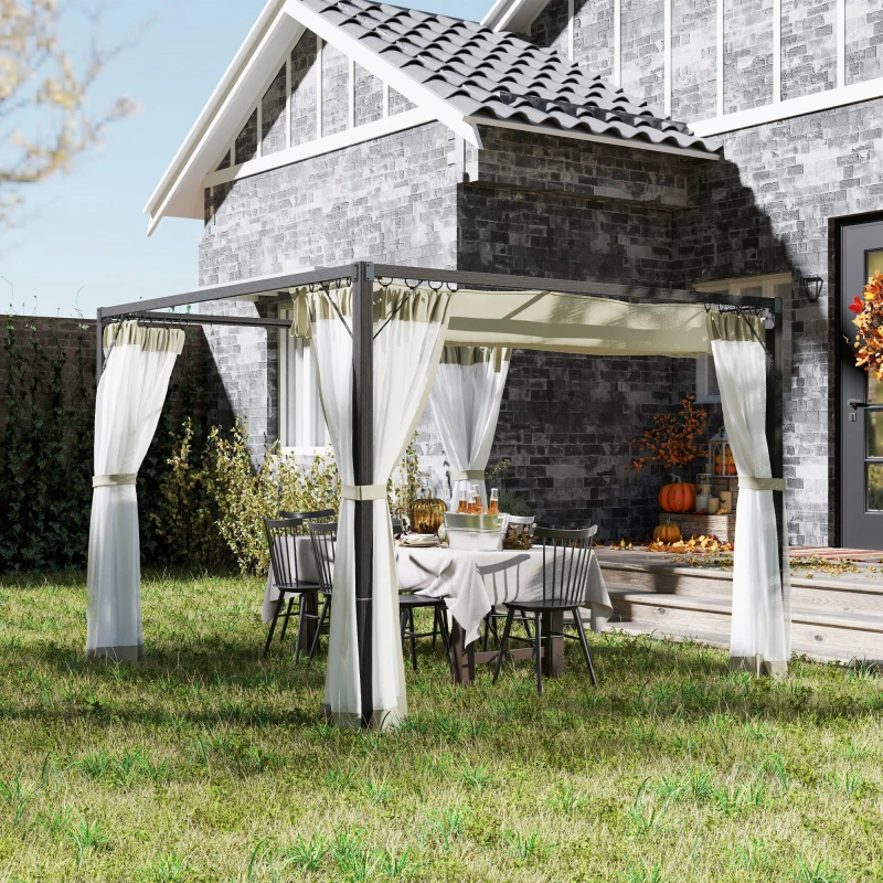 Image of Outsunny 3 x 3m Pergola with Retractable Roof and Netting, Khaki 84C-482V01KK