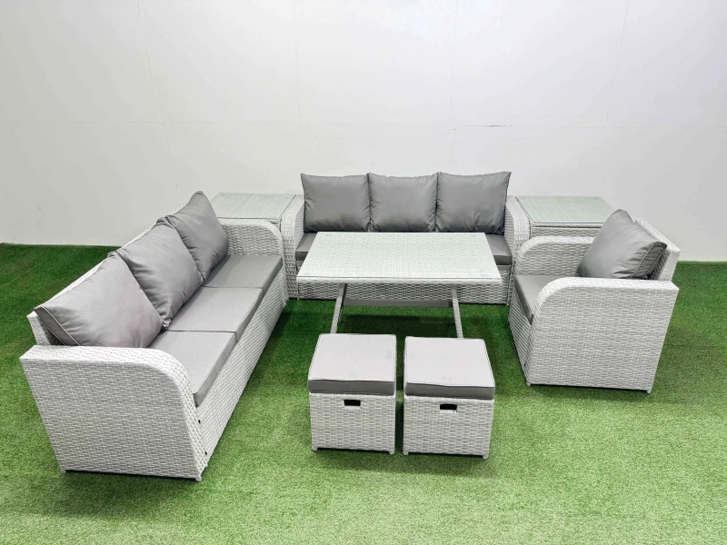 Image of Fimous 8 Pieces PE Rattan Garden Furniture with 2 Side Tables 2 Small Stools in Light Grey Light Grey Unisex
