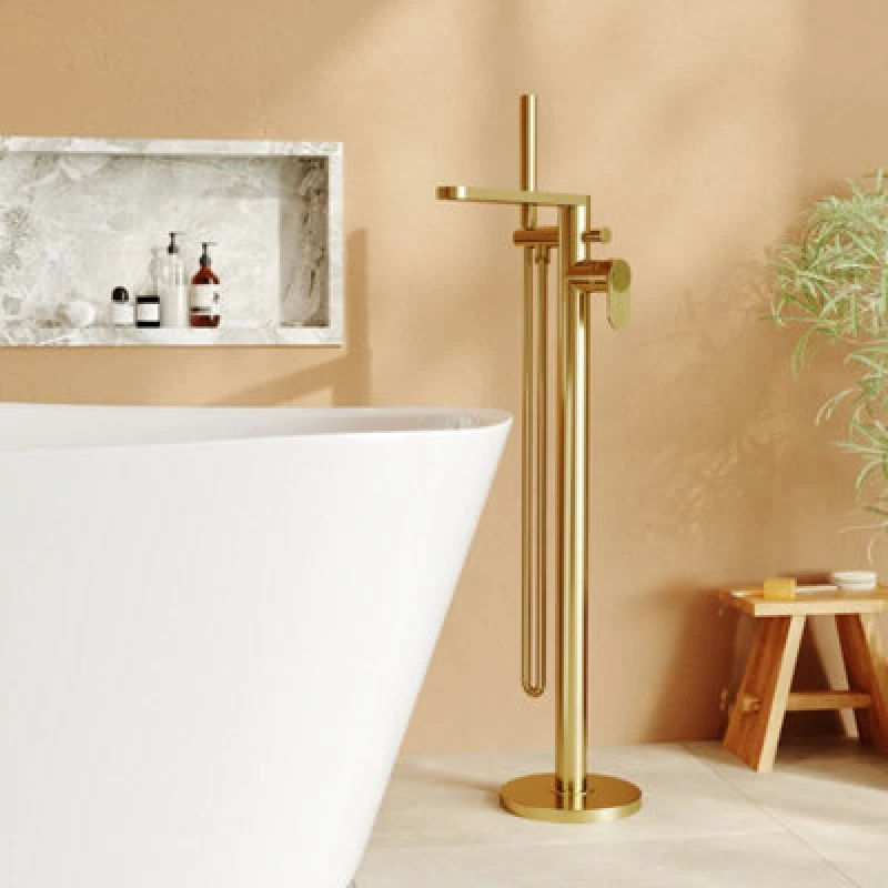 Image of FNX Bathrooms Aurelio Freestanding Bath Shower Mixer With Kit Brushed Brass Contemporary 1 Hole
