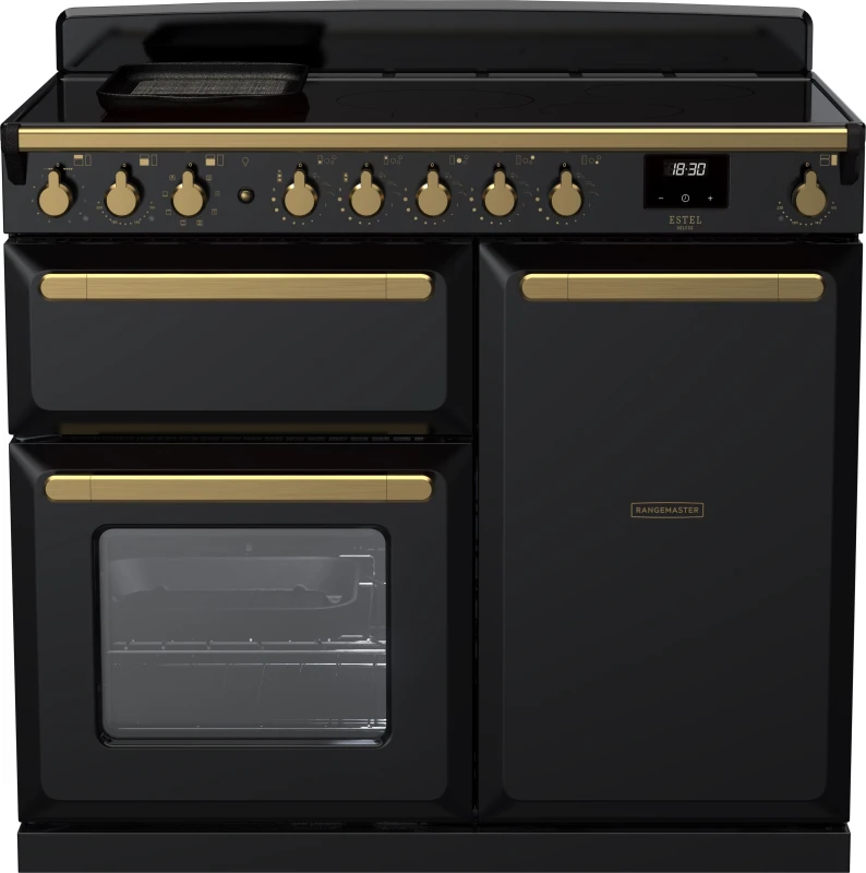 Image of Rangemaster Estel Deluxe ESDL100EIPGBL/AB1 100cm Electric Range Cooker with Induction Hob - Black / Antique Brass - A/A Rated