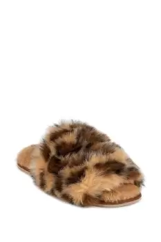 Image of Faux Fur Animal Double Strap Slider Slippers