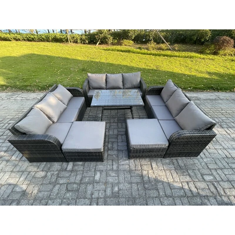 Image of Fimous Rattan Garden Furniture Dining Set 11 seater Patio Rectangular Table 2 Big Footstool Dark Grey