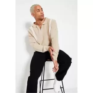 Image of I Saw It First Stone Knitted Stripe Long Sleeve Polo - Brown