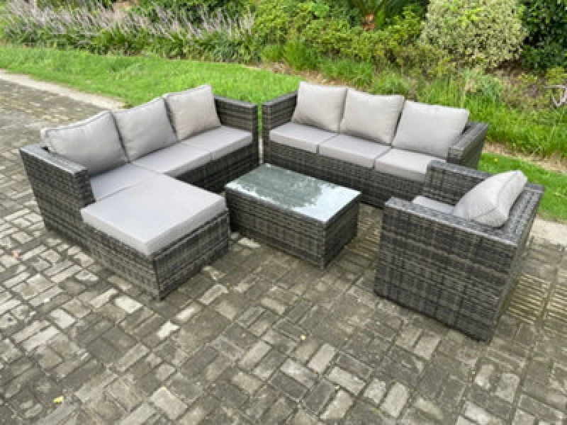 Image of Fimous 8 Seater Rattan Garden Furniture Set Indoor Outdoor Patio Sofa Set with Oblong Coffee Table Armchair Big Footstool Dark Grey
