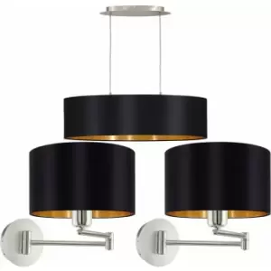 Image of Ceiling Pendant Light & 2x Matching Wall Lights Black & Gold Large Linear Shade