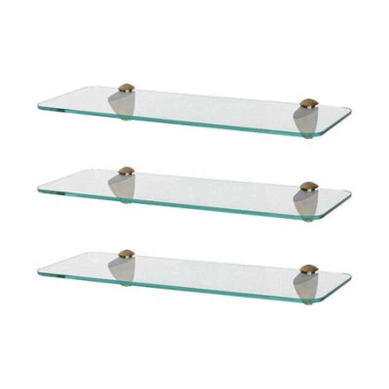 Image of Harbour Housewares 3X Rounded Floating Glass Shelves - 40Cm - Gold Brackets - Bathroom Shower Storage Vanity Display Unit Shelf