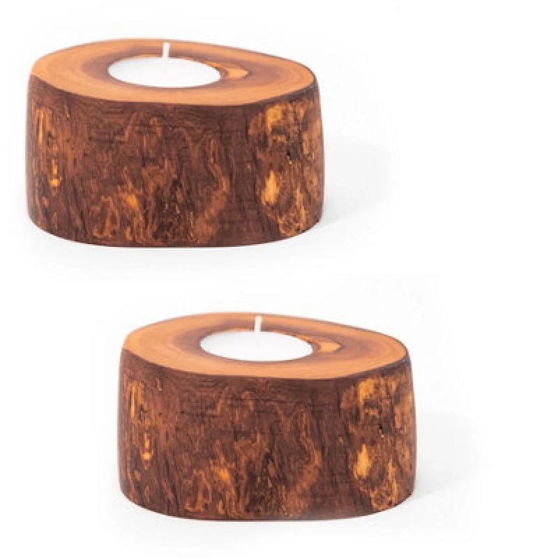 Image of Verano Spanish Ceramics Olive Wood Natural Grained Home Decor Set of 2 Rustic Tea Light Holders (Diam) 9cm Natural unisex