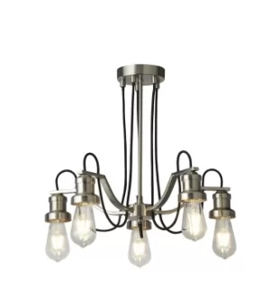 Image of Olivia 5 Light Ceiling, Black Braided Fabric Cable, Satin Silver